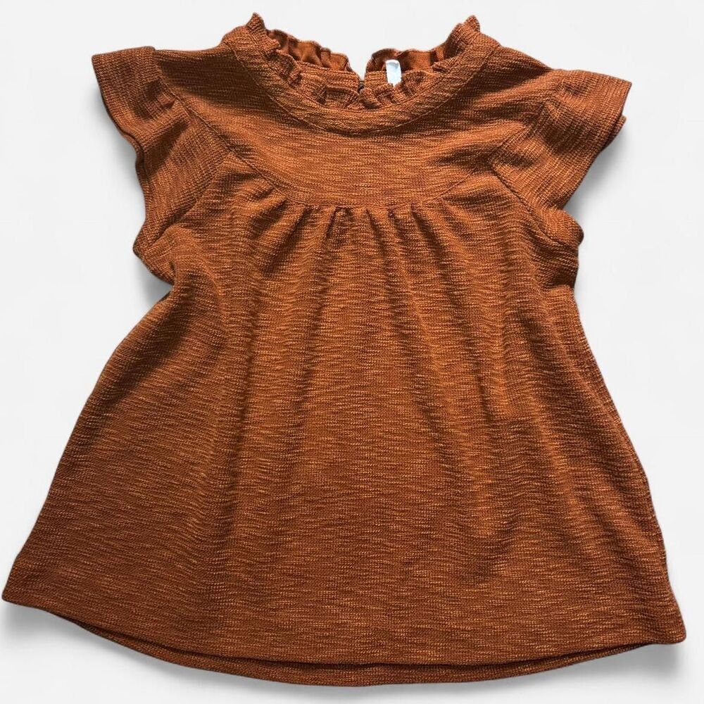 Burnt Orange Babydoll Top with Mock Neck Ruffle and Cap Sleeves (Size Large)